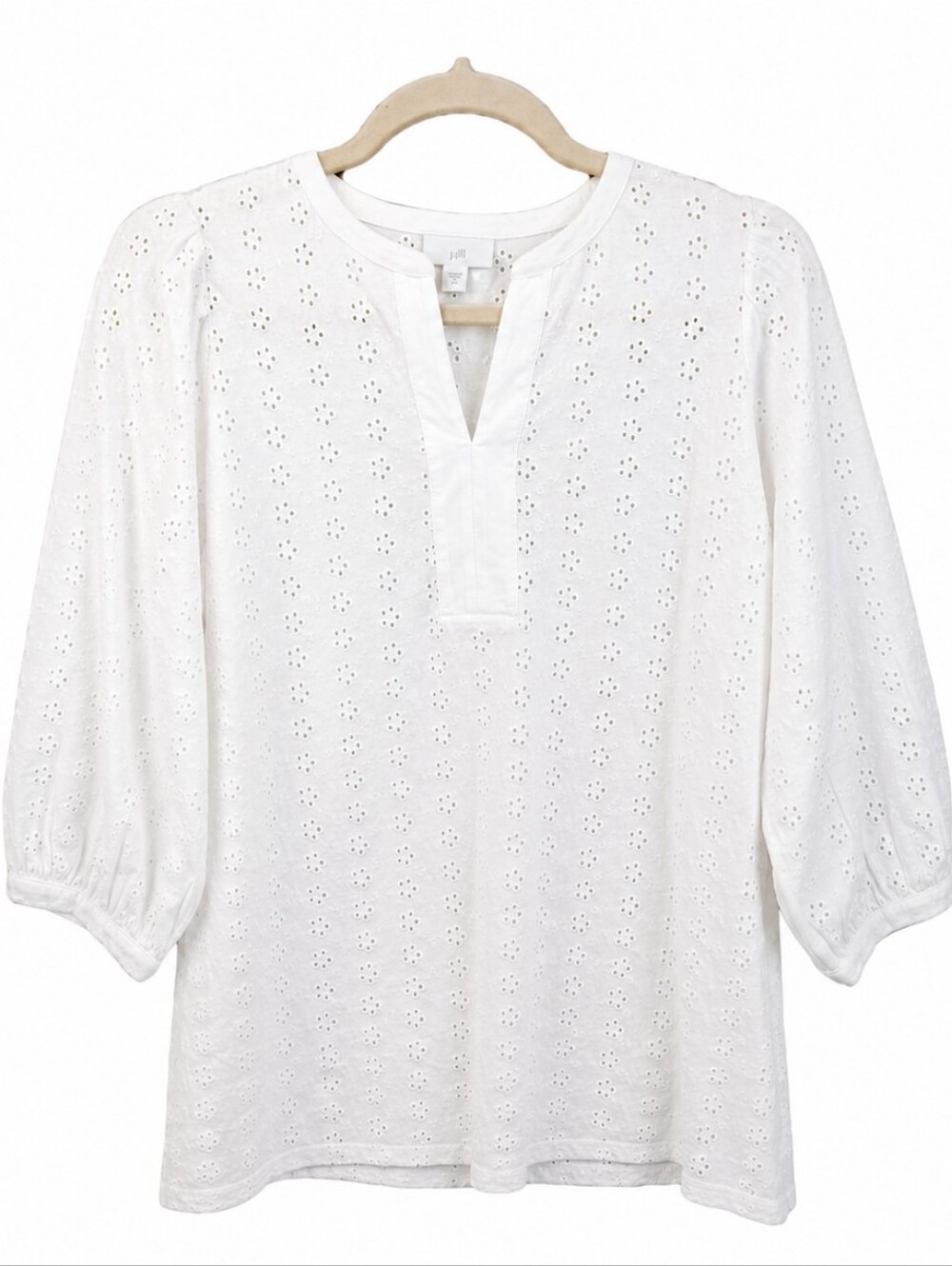 Coastal Eyelet Boho Blouse White 100% Cotton J.Jill 3/4 Sleeve Size XS